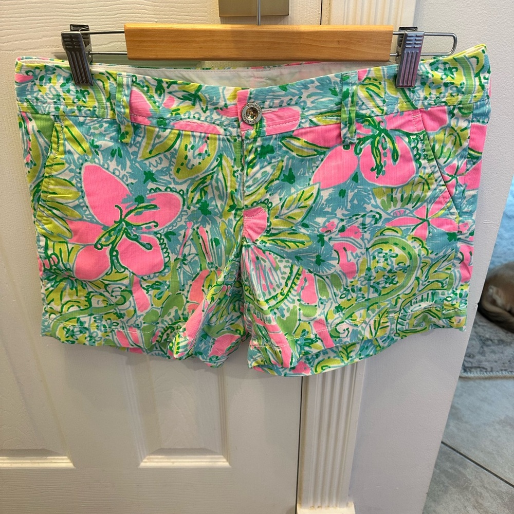 Lilly Pulitzer Pink and Green Bermuda Shorts Vibrant Tropical Print